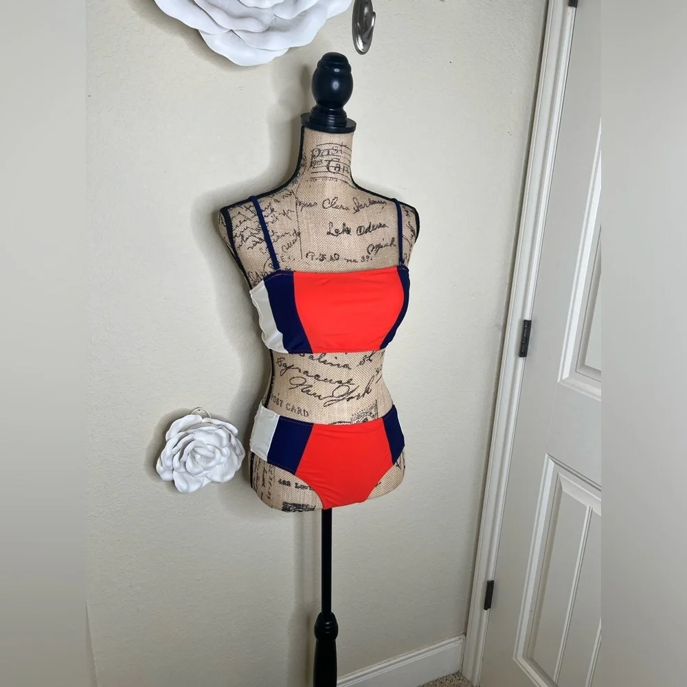 Cupshe Colorblock Bikini Set Orange Blue White Mid Rise Swim Size M - Picture 4 of 16
